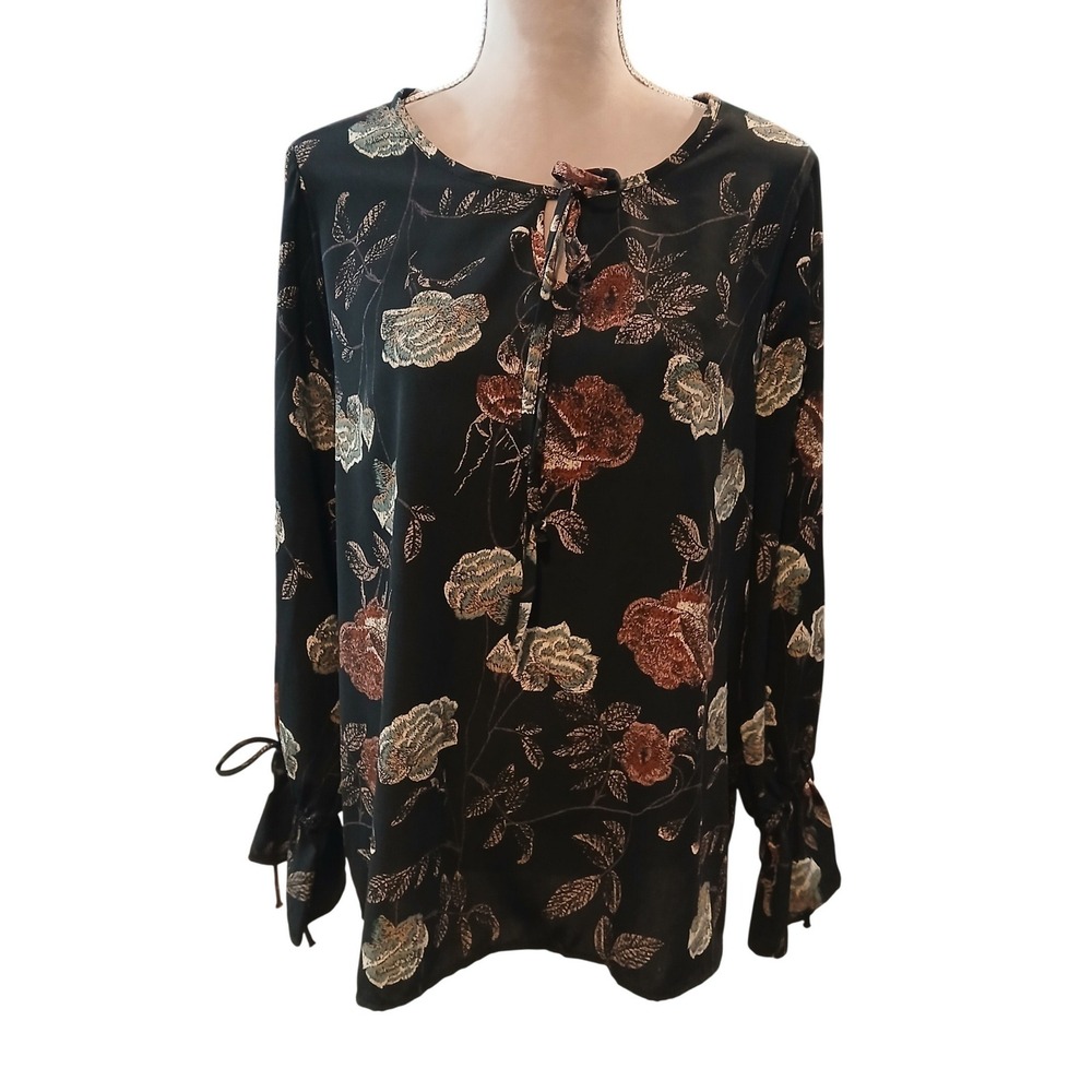 Downeast Large Dark Floral Long Sleeve Blouse Black Rust Keyhole Tie Neck Top